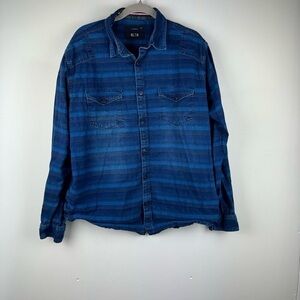 MLTN Textured Striped Blue Multi Chambray Long Sleeve Button Front Shirt, Sz XL